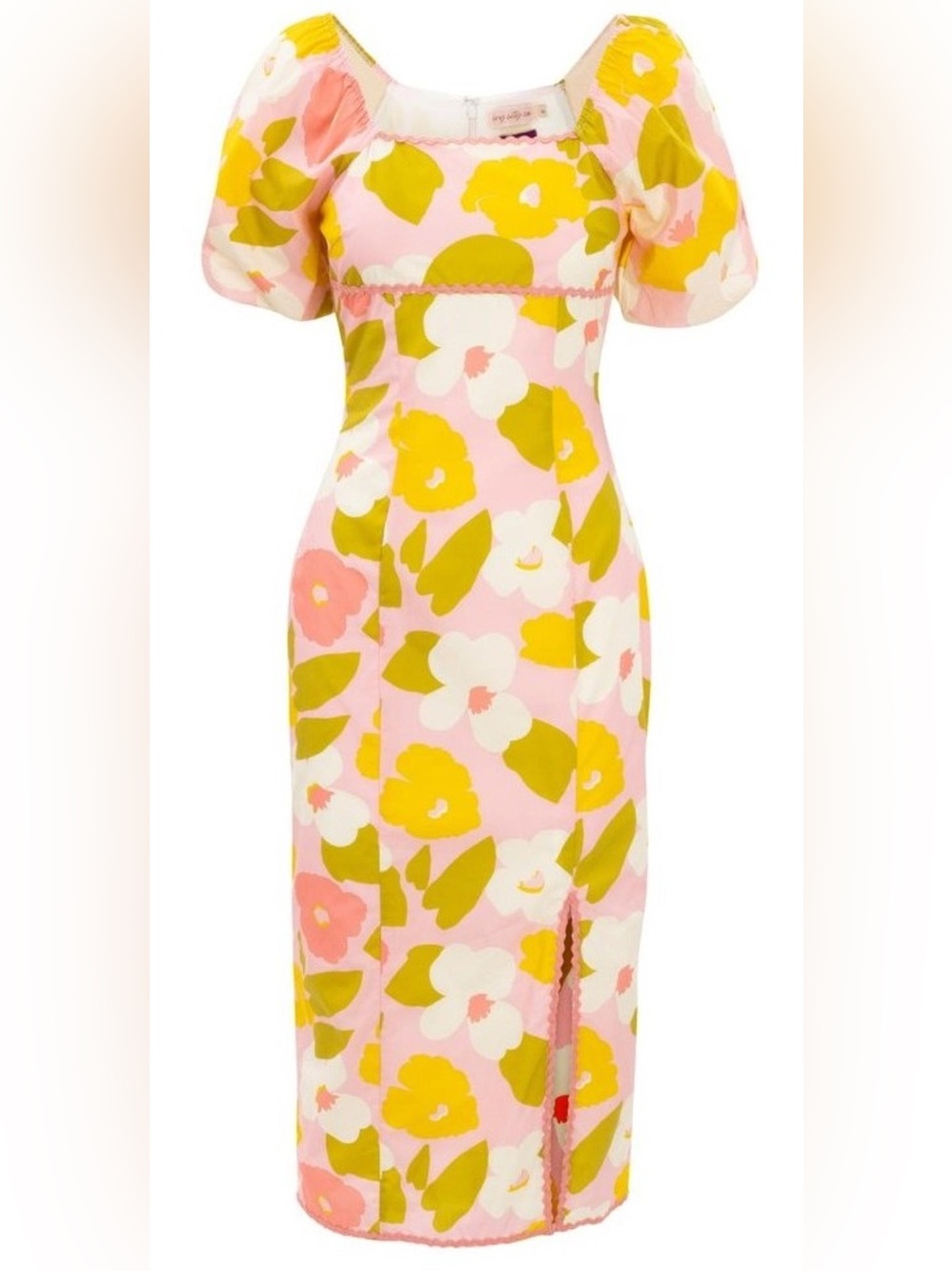Ivy City Lula Pink Multicolor Floral Puff Sleeves Midi 60's Style Midi Dress 8
